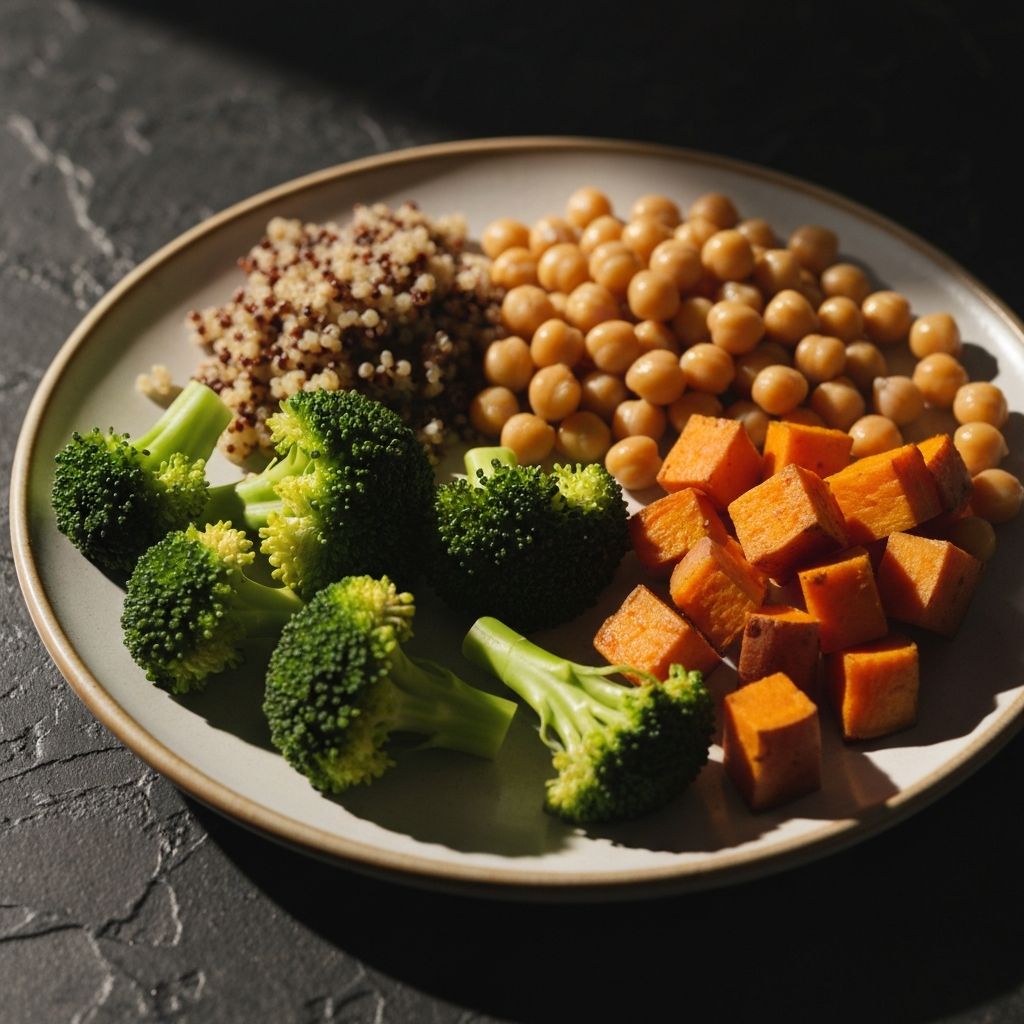 A balanced, nutritious meal on a ceramic plate with vegetables, grains and protein