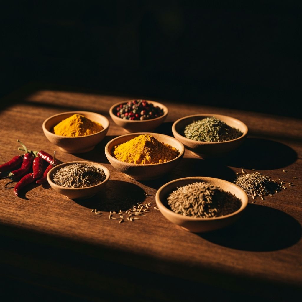 Traditional spices and dried herbs in ceramic bowls on a rustic wooden table