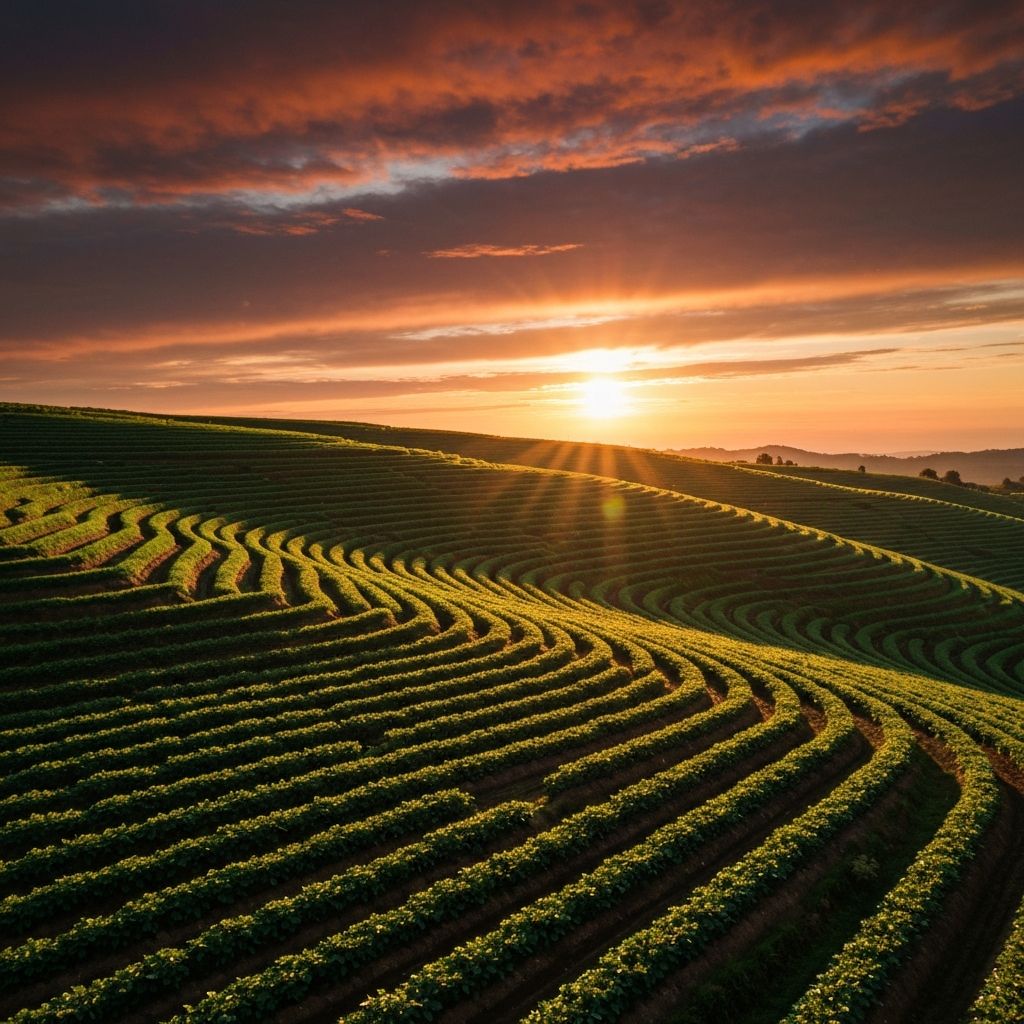 Terraced agricultural fields on a hillside at golden hour